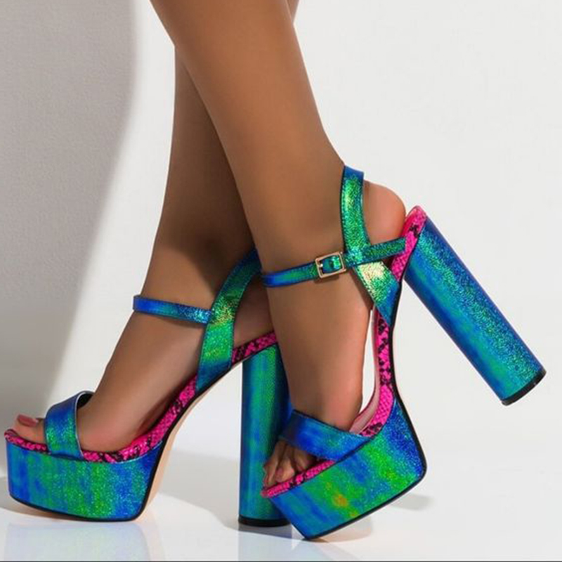 GOOSHOE Multi-color Glitter T-strap Platform Sandals Square Toe Heels