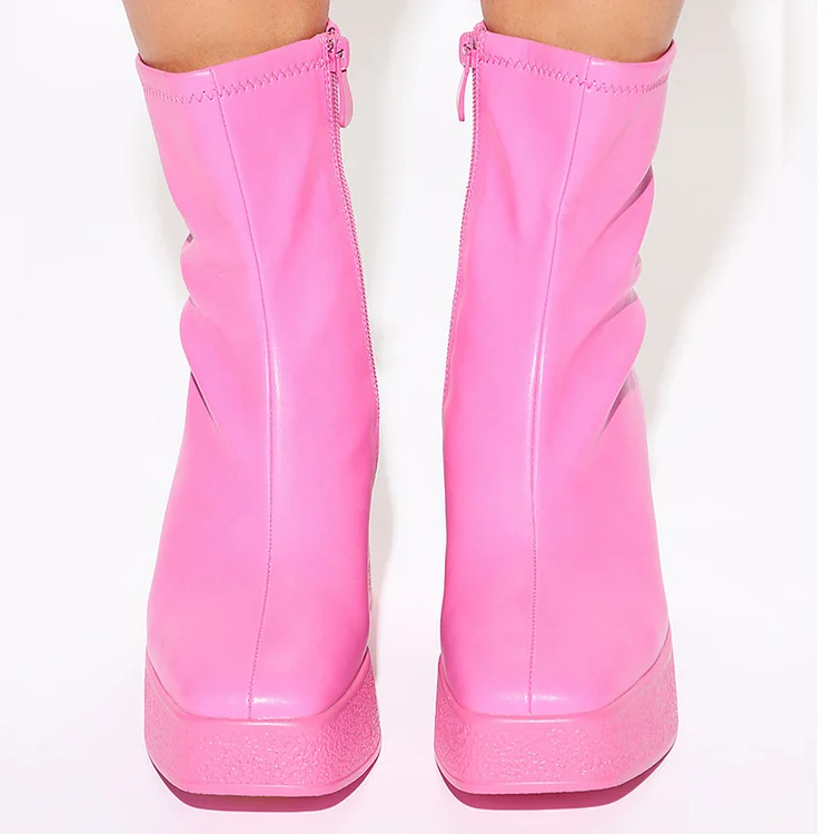 Hot Pink Patent Mid Calf Square Toe Chunky Heel Boots Vdcoo