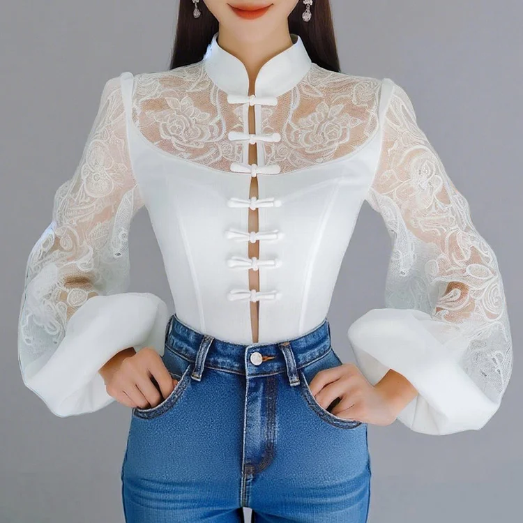 Vintage Mandarin Collar Lace Lantern Sleeve Frog Buttons Blouse