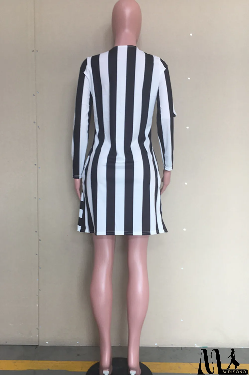 MidiSono - White Acetyl fiber Sweet Cap Sleeve Long Sleeves O neck Swagger Knee-Length Print Striped Patchwork