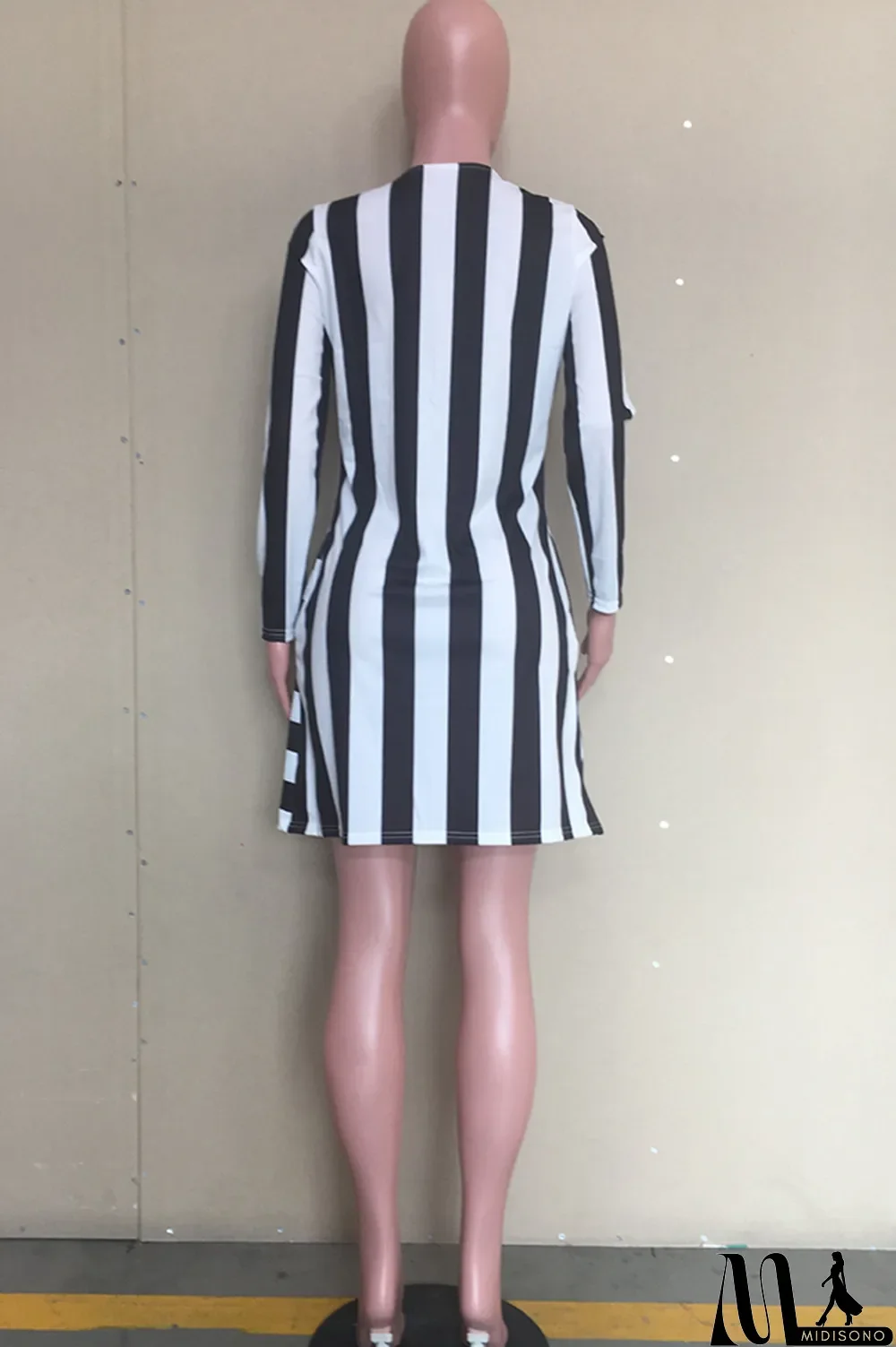 MidiSono - White Acetyl fiber Sweet Cap Sleeve Long Sleeves O neck Swagger Knee-Length Print Striped Patchwork