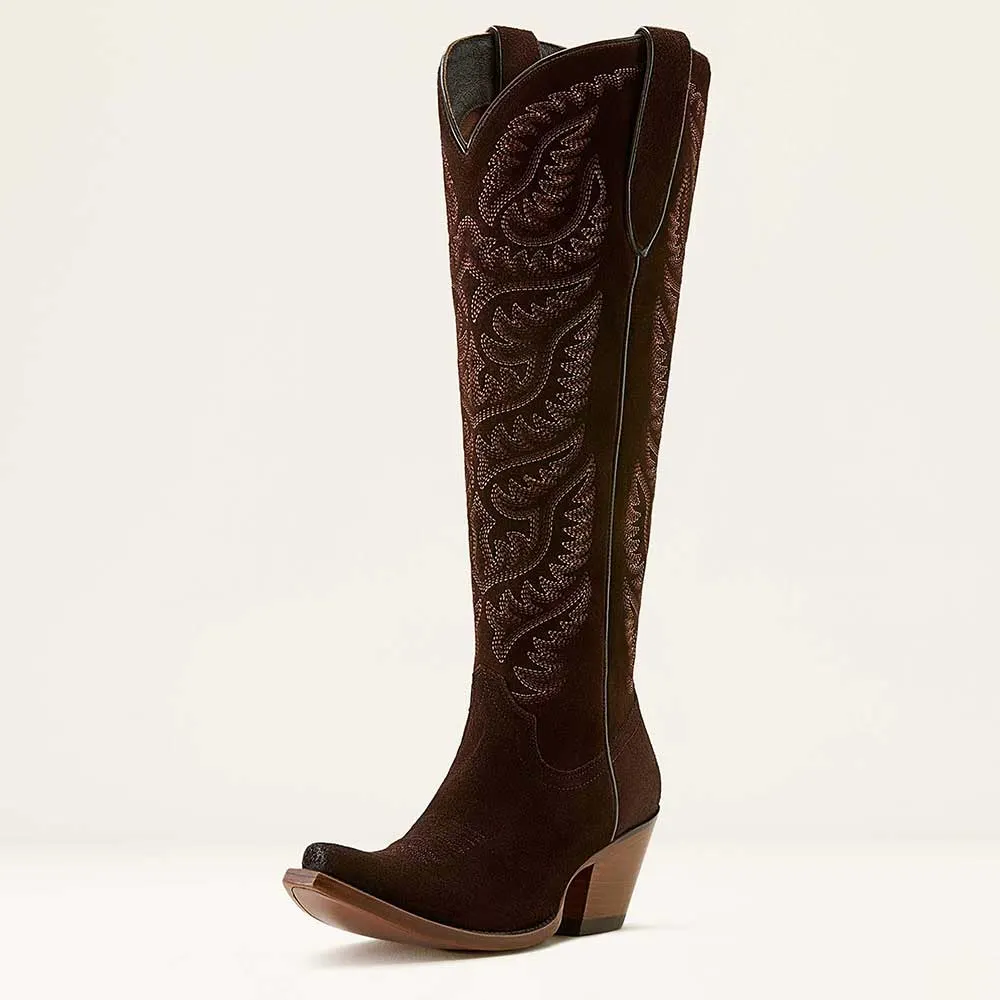 Brown Snip Toe Chunky Heel Embroidered Cowgirl Boots for Women