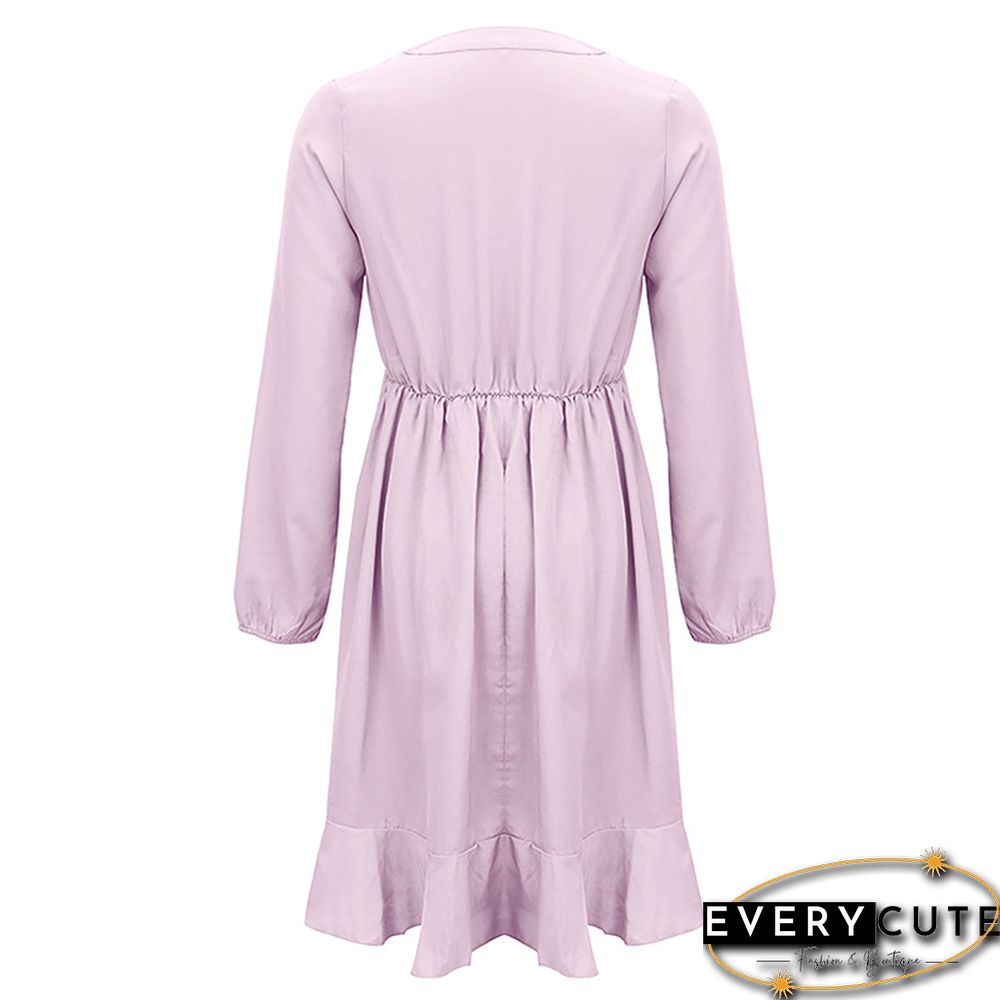 Light Purple Lace Up Long Sleeve Casual Dress