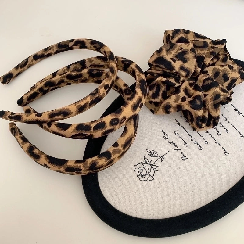 Retro Fabric Leopard Print Headband Wide Version High Skull Top Modified Face High Sense Pink Leopard Print Headband Hair Clip Hair Ring For Women