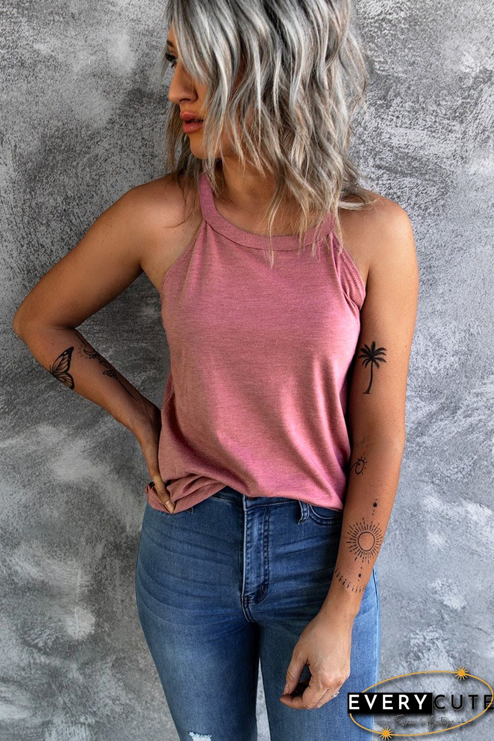 Pink Solid Color Crew Neck Tank Top