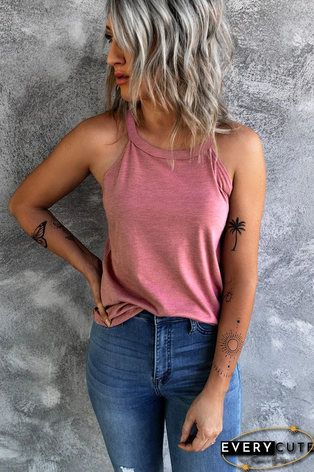 Pink Solid Color Crew Neck Tank Top