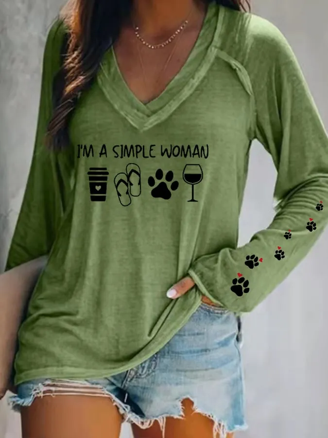 Women's  I'm A Simple Woman Dog Paws Casual Long-Sleeve T-Shirt