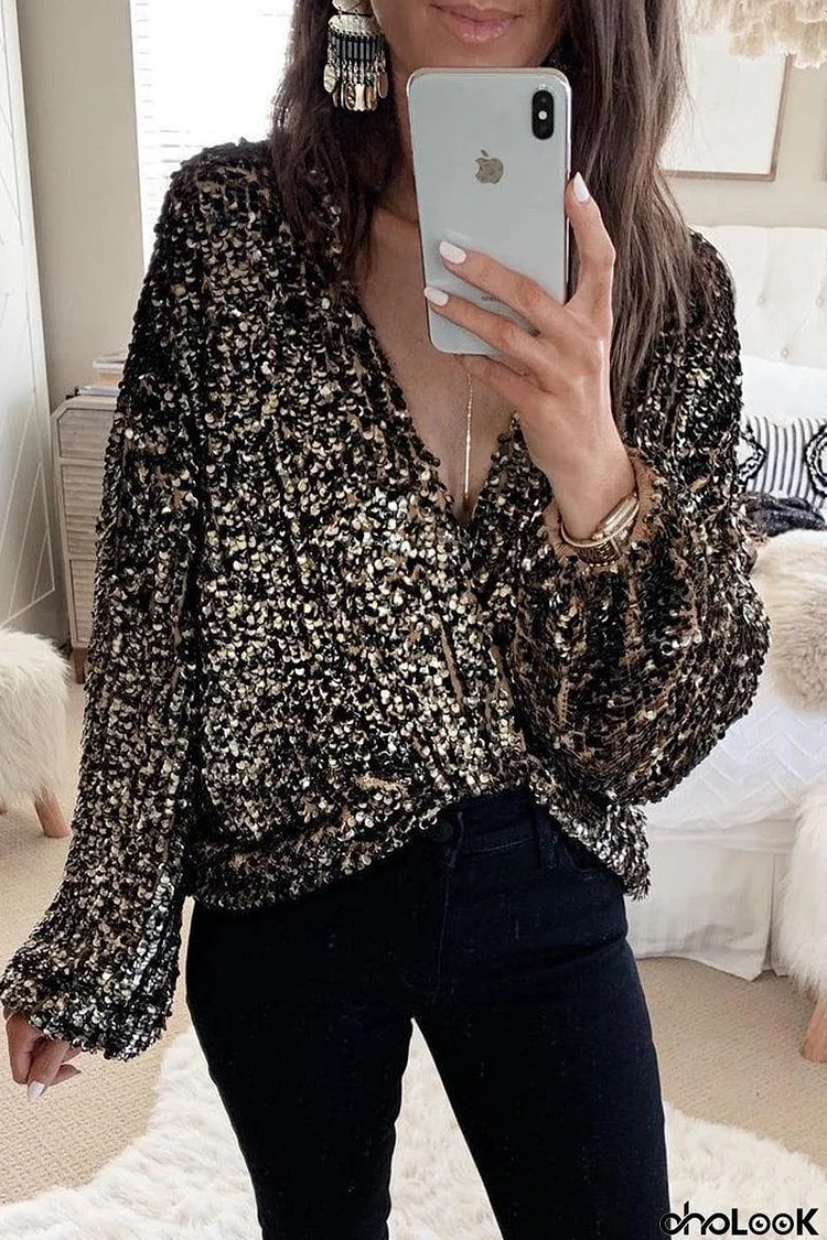 Casual Solid Sequins V Neck Tops