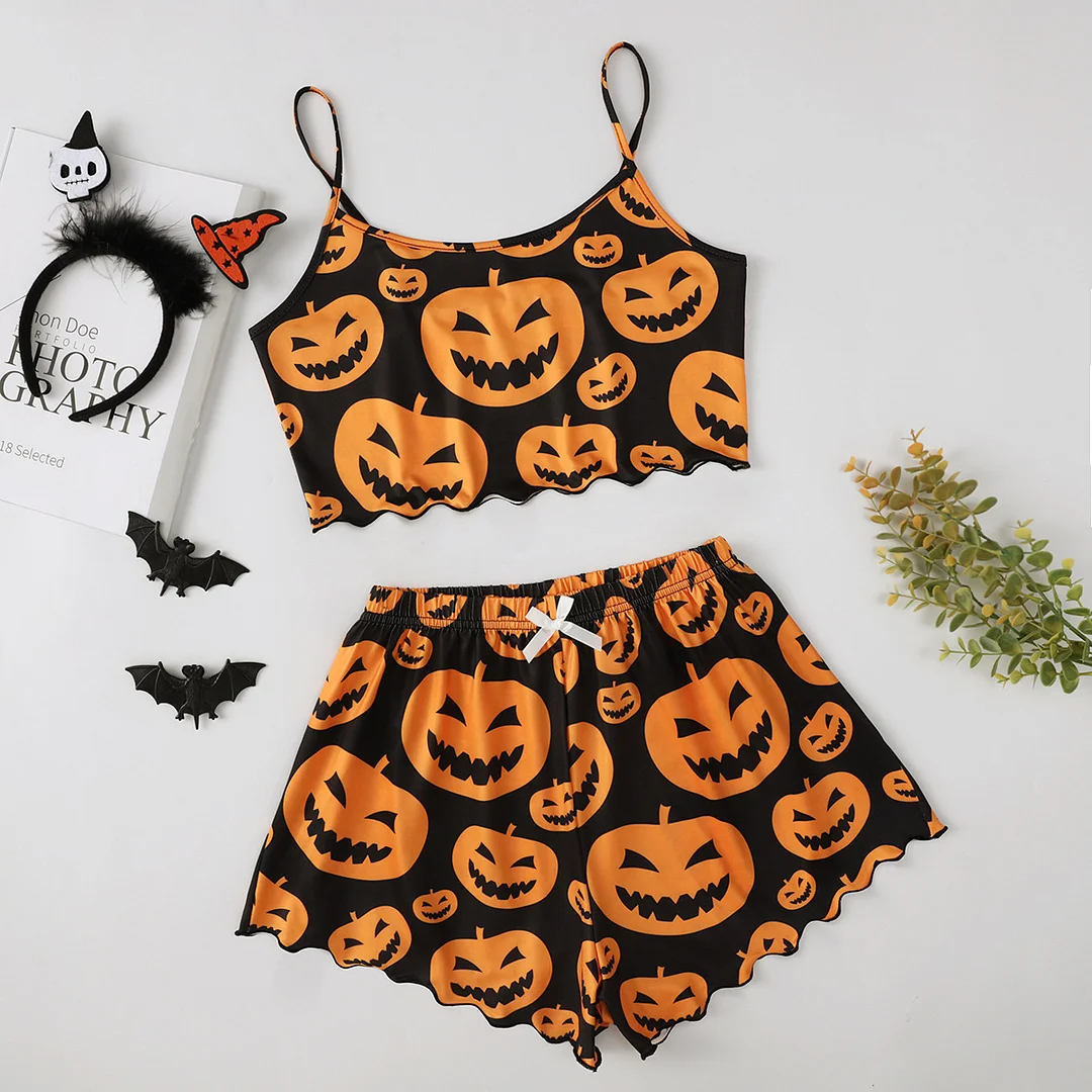 Toloer Toloer Funny Pumpkin Head Print Condole Top Sleeveless Home Clothes Pure Milk Silk Pajamas Girl Suit-Outfit Ideas