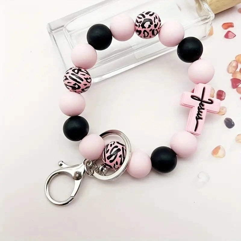 Casual Classic Style Sports Cross Leopard Alloy Wooden Beads Silica Gel Beaded Keychain