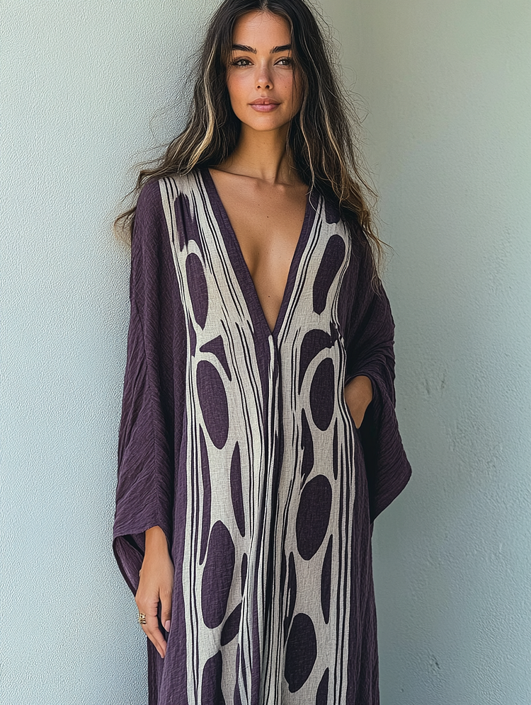 Linen Printed Kaftan Maxi Dress