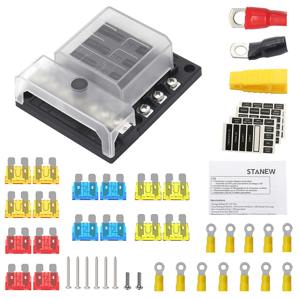 

12-32V 6 Way Fuse Box for Car Boat LED Indicator Blade Fuse Holder Case Kit, 501 Original