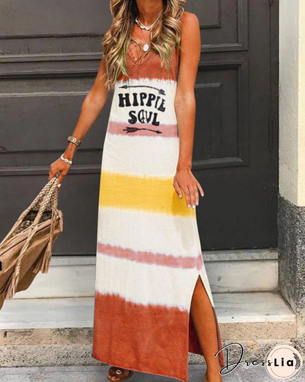 V Neck Casual Sleeveless Gradient Maxi Dresses