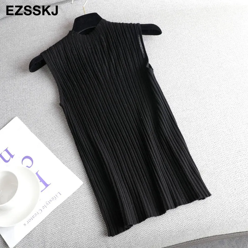 elegant Top spring autumn Knitted Tank top Women Blouse turtlenck sexy Sleeveless sweater vest Female slim top