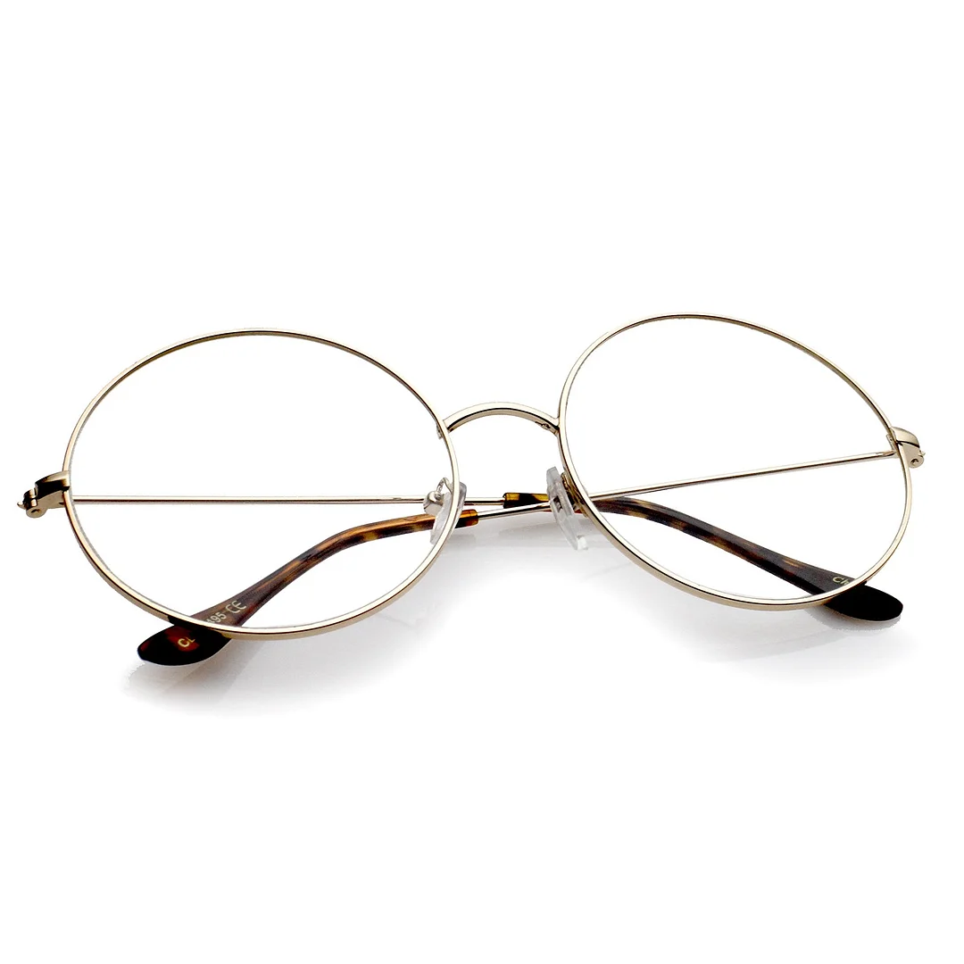 Classic Oversize Slim Metal Frame Clear Flat Lens Round Eyeglasses 56mm