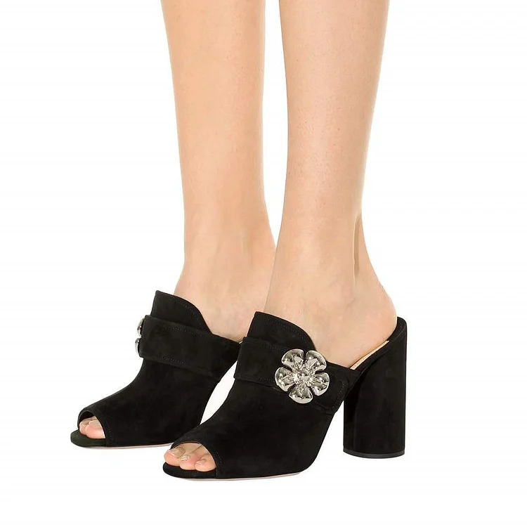 Black Suede Block Heel Sandals Peep Toe Jewel Mule |FSJ Shoes
