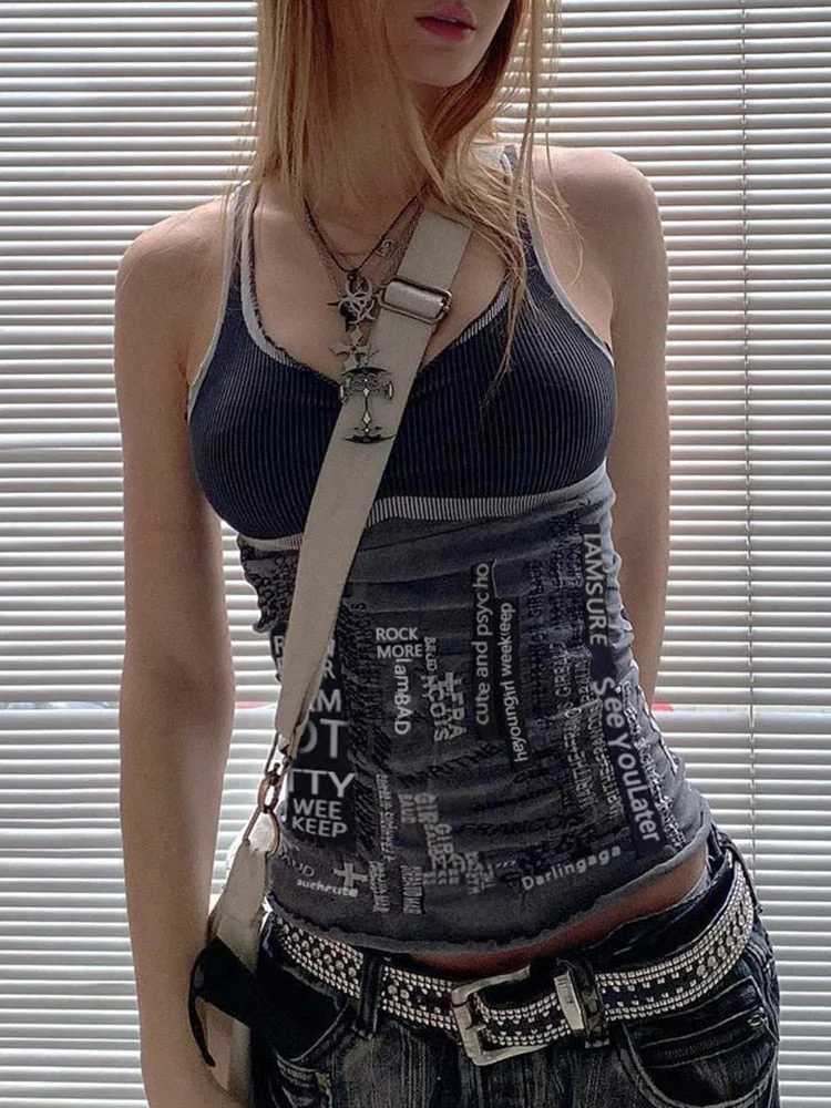 Rapcopter y2k Printed Tank Tops Grunge Punk Cute Mini Vest Women Goth Black Spaghetti Strap Backless Crop Top Korean Summer Tee