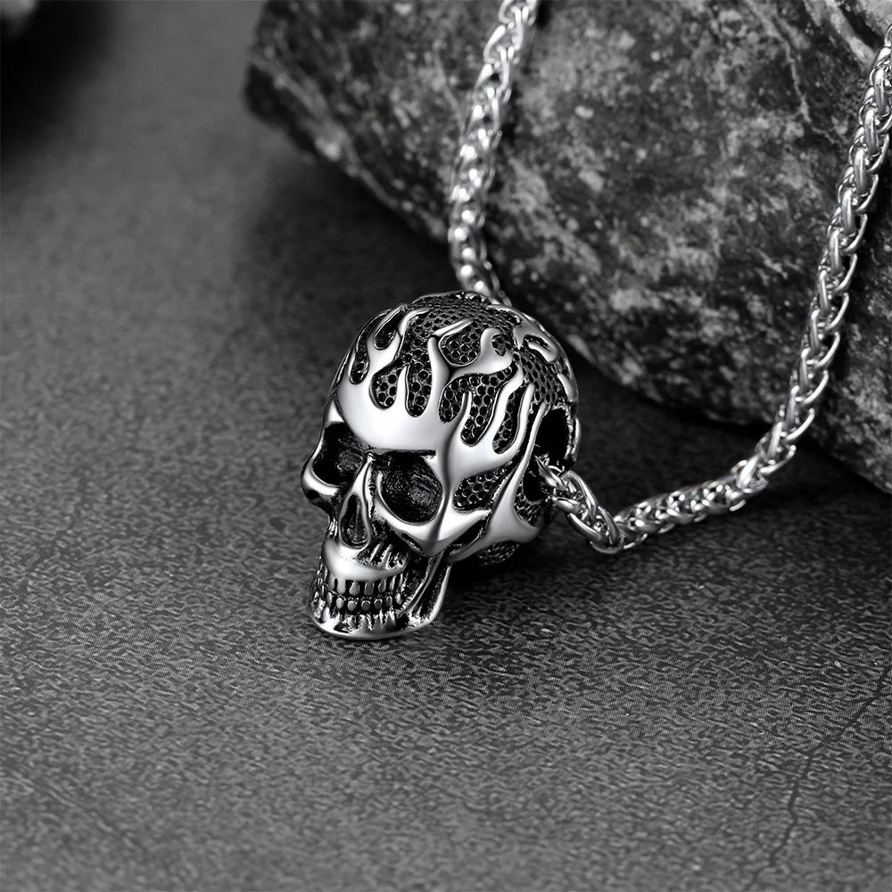 Gothic Punk Flaming Skull Necklace For Men