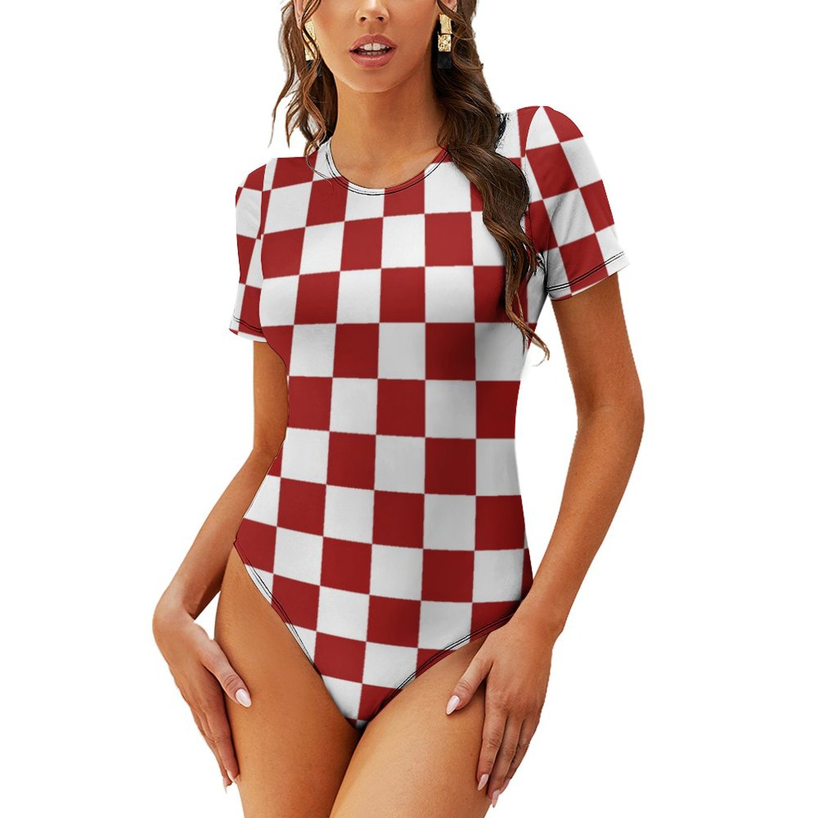Women's Red Plaid One Piece Swimsuit Mock Neck Short Sleeve Bathing Suit