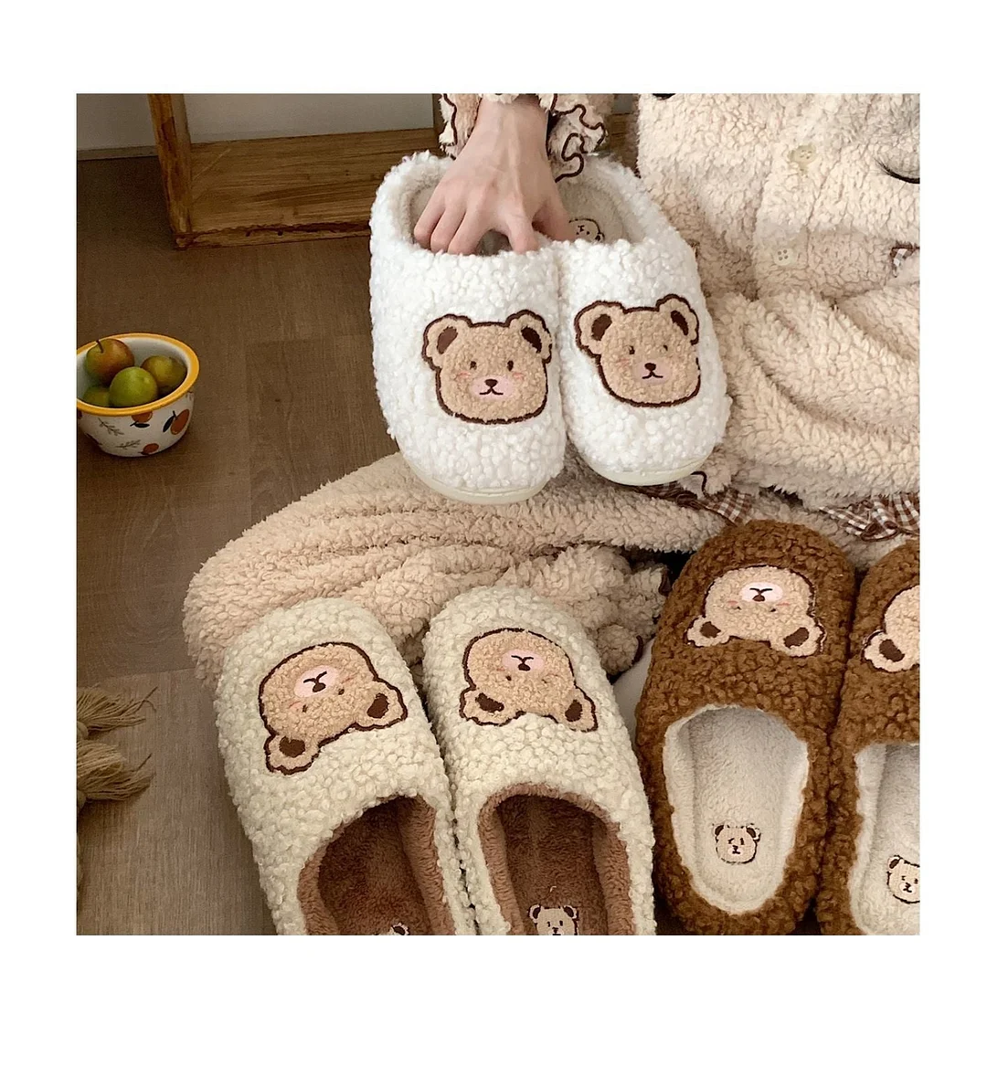 2022 Winter Women Slipper Lovely Bear Cartoon Plush Cotton Home Slippers Female Indoor Household Anti-Skid Thick Bottom Slipper