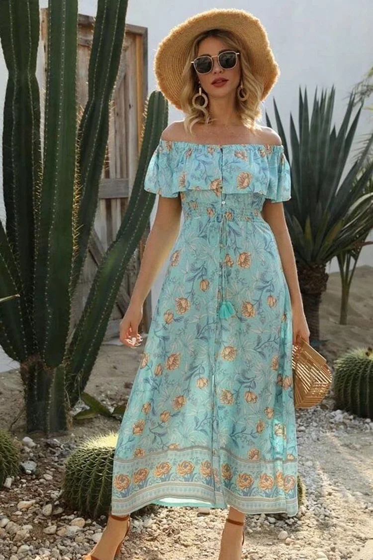 Luditu Maxi Dress, Off  Shoulder Dress, Wild Rose Maya Blue