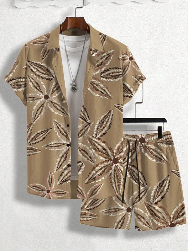 Men's Hawaii Style Lines Art Floral Print Short Sleeve Shirt Set