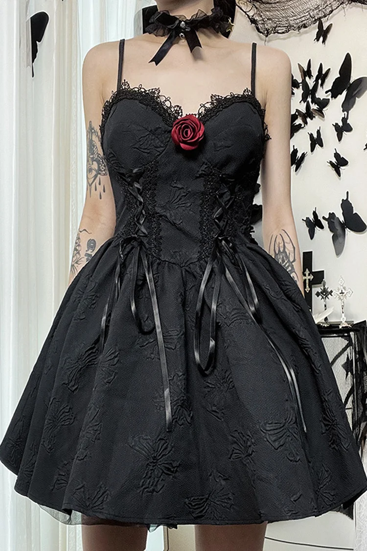 Gothic Black Party Lace Sweetheart Neck Lace Up Disassembled Rose Cami A-line Mini Dress