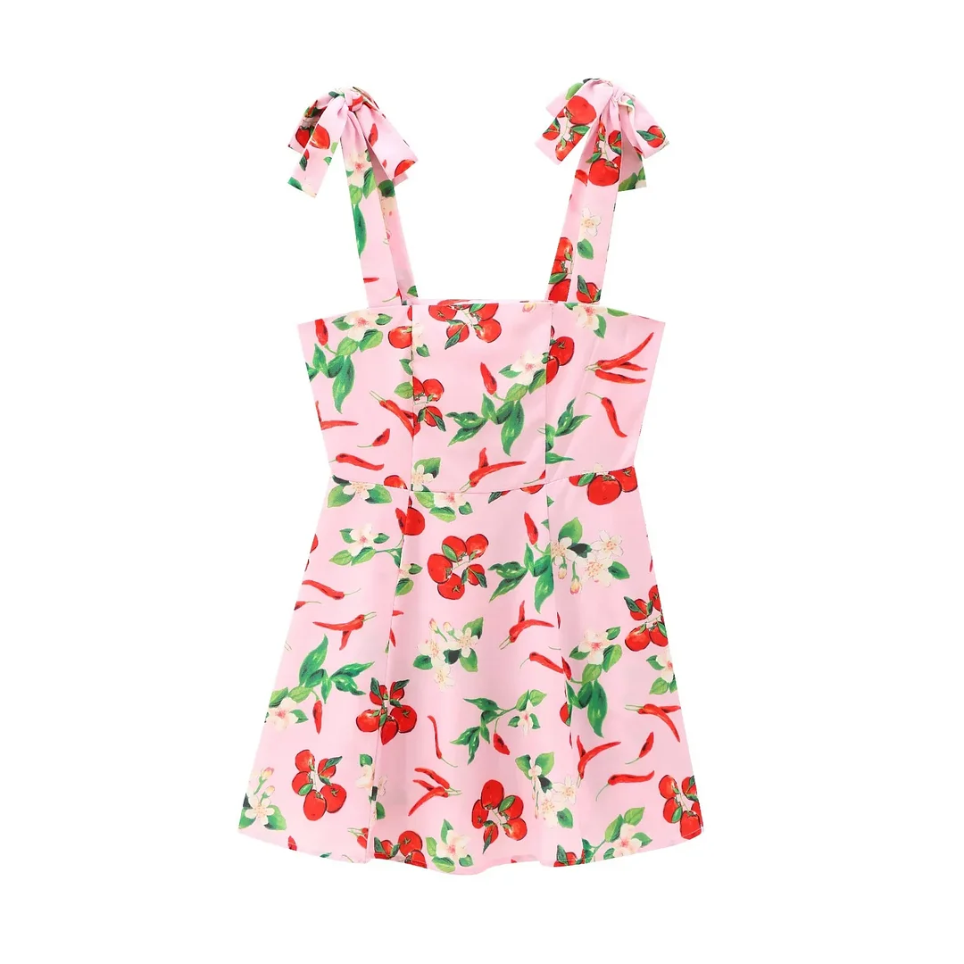 Woman Fruit Print Slip Tied Sleeveless Summer Yellow Backless Mini Dress