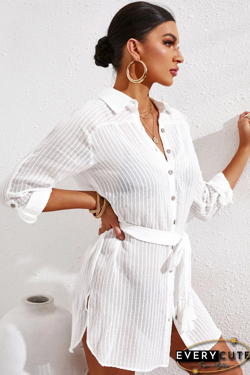 White Striped Shirt Dress Beach Cover up with Belt