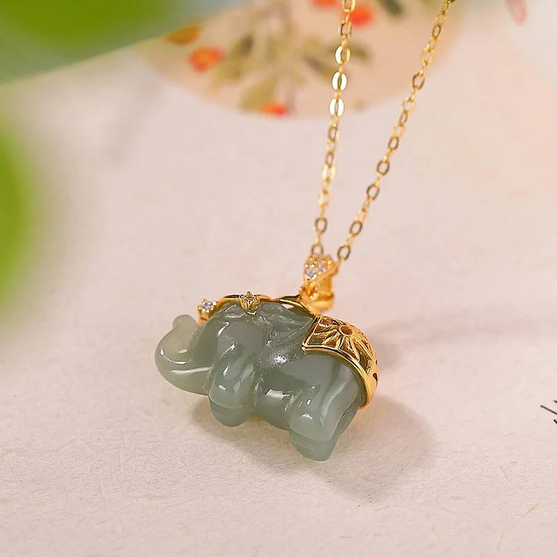 925 Sterling Silver Jade Elephant Blessing Fortune Necklace Chain Pendant