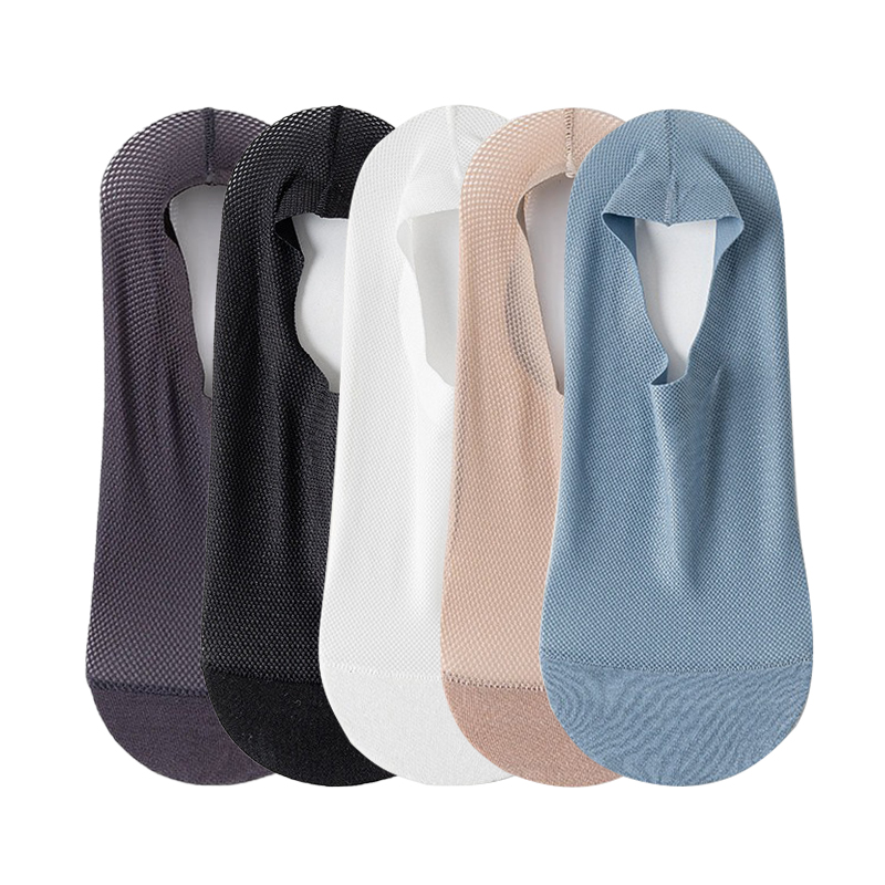 Coasfe 5 Pairs/Lot Men's Mesh Non-Slip Silicone Socks Summer Ice Silk Breathable Casual Short Black No Show Invisible Low Cut Socks