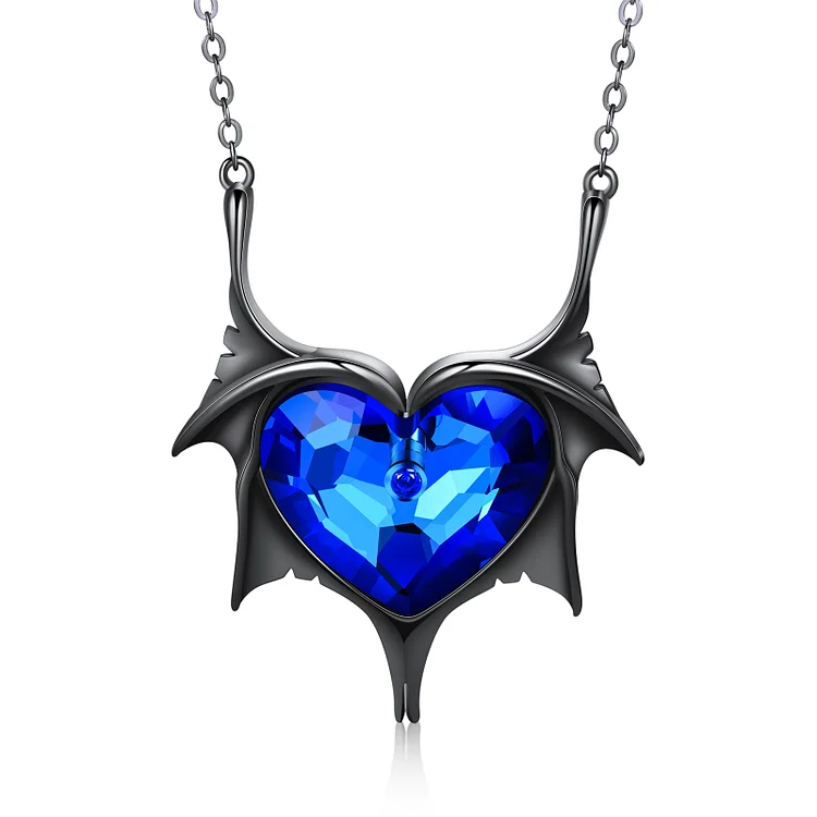 Heart Blue Crystal Necklace Bat Wings Sapphire Necklace for Her