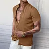 Camicia da uomo a maniche corte in cotone e lino con collo alto e bottoni