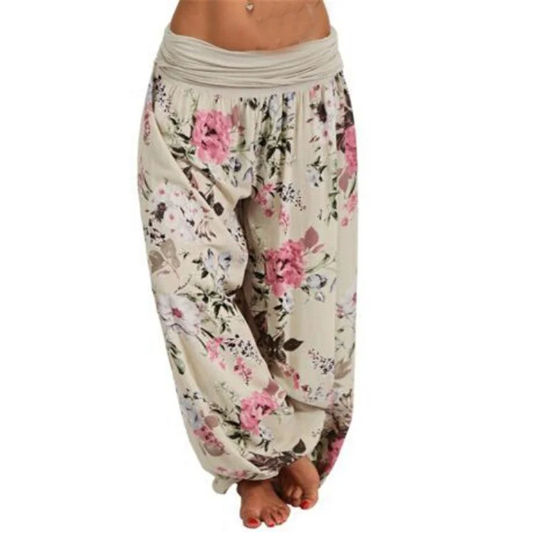 Women Bohemian Floral Print Long Pants 2021 Mid Waist Vintage Harem Pants Elastic Waist Boho Beach Trousers Plus Size 5XL