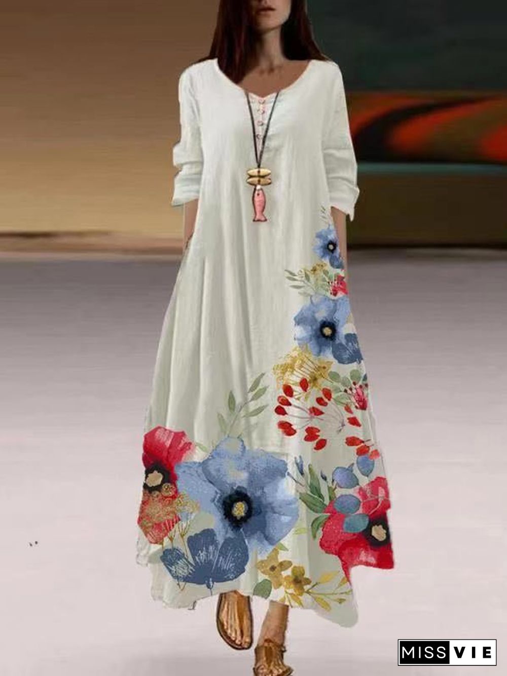 Women's Long Sleeve V-neck Floral Printed Midi Dress