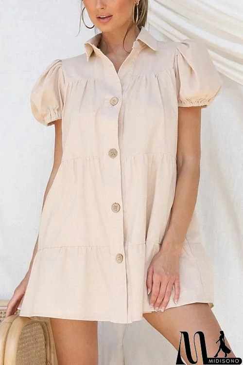 Button Puff Sleeve Mini Dress