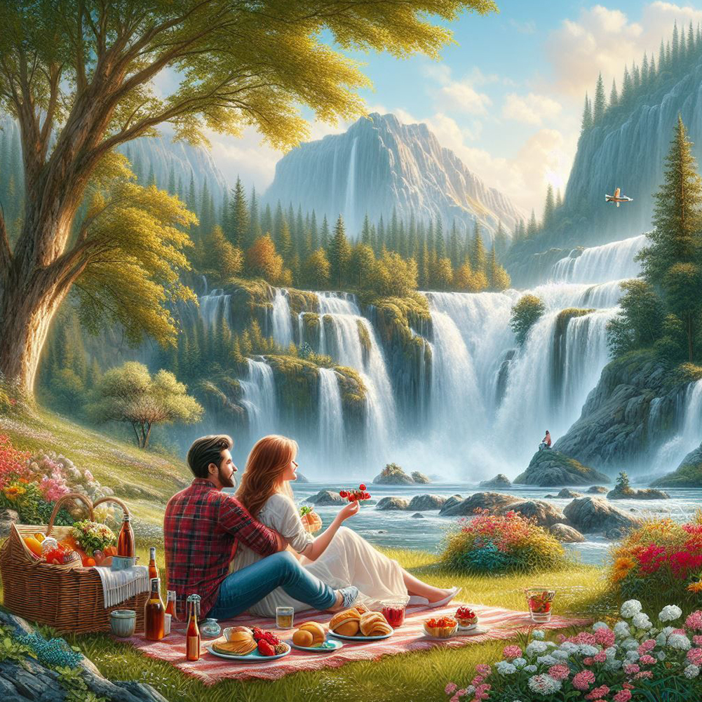 Couple And Waterfall 40*40cm(canvas) full round drill diamond painting