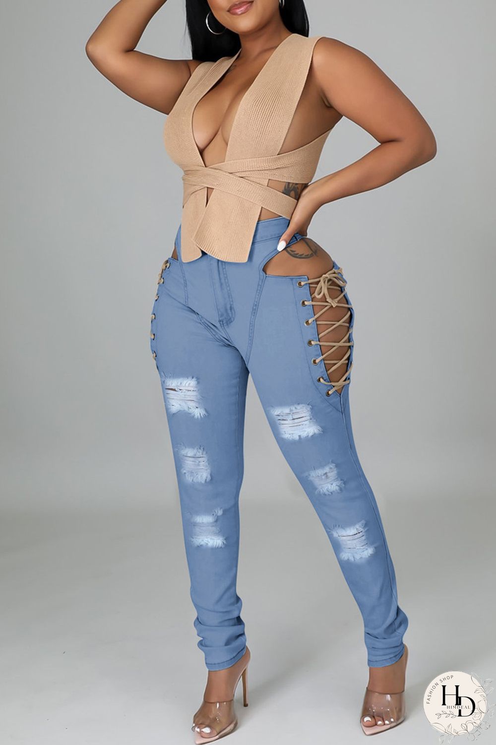 Baby Blue Fashion Casual Solid Ripped Bandage Hollowed Out High Waist Jeans