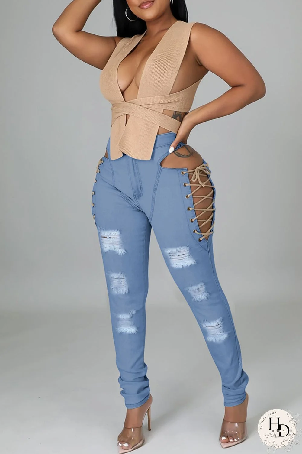 Baby Blue Fashion Casual Solid Ripped Bandage Hollowed Out High Waist Jeans