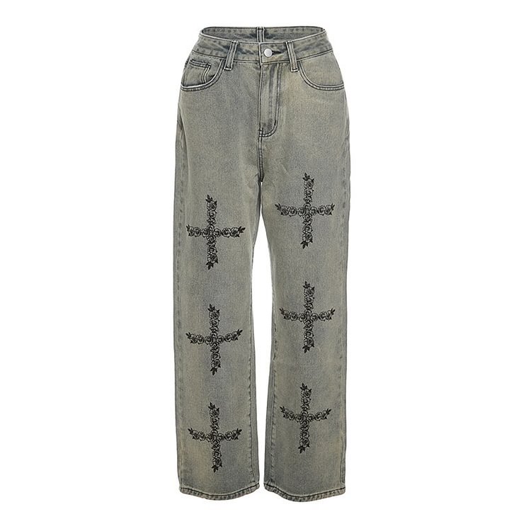 Gothic Jeans For Women 2022 Aesthetic Graphic Cross Print Low Waist Straight Leg Trousers Y2k Denim Pants Steetwear
