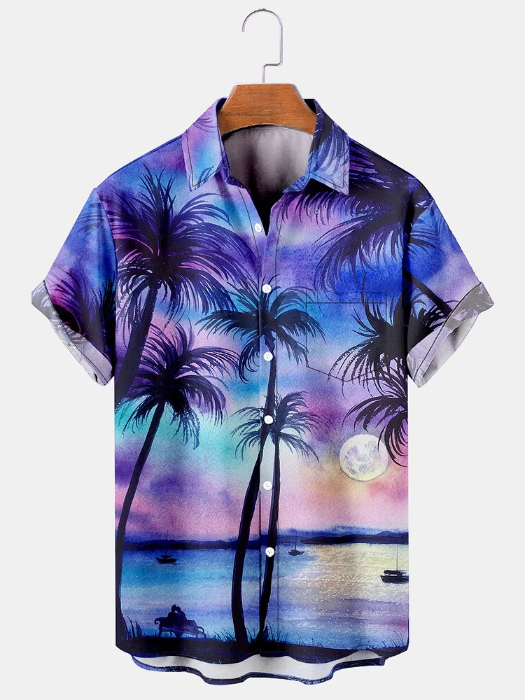 Mens Coconut Tree Sunset Print  Breathable Hawaiian Shirts