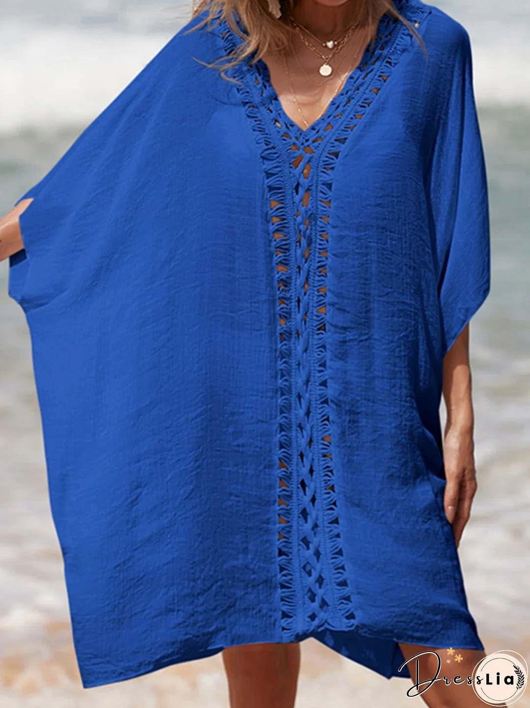 Cutout V-Neck Three-Quarter Sleeve Cover Up
