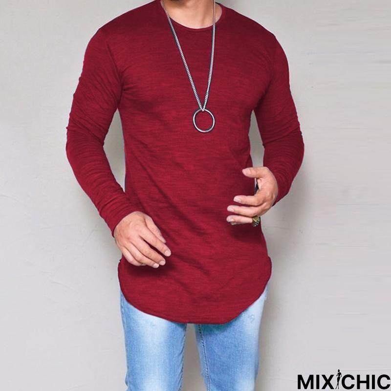 Plus Size Fashion Casual Slim Elastic Soft Solid Long Sleeve Men T Shirts Male Fit Tops Tee