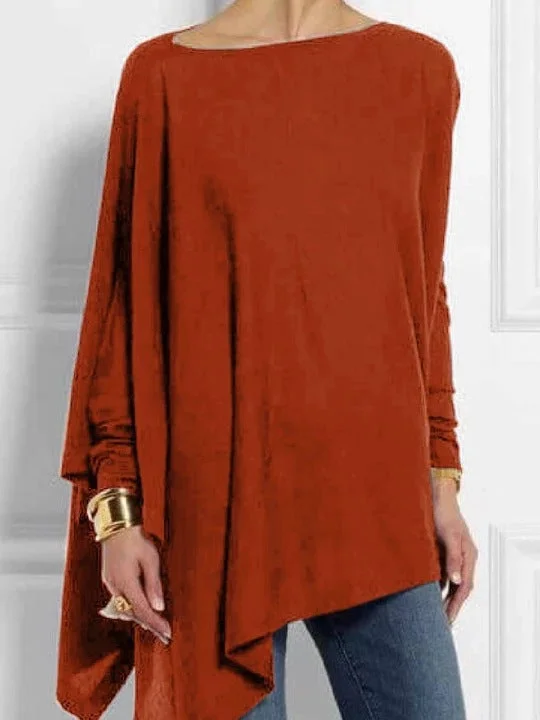 Brownm Sleeve Irregular Solid Color Pullover T-shirt Casual Tops