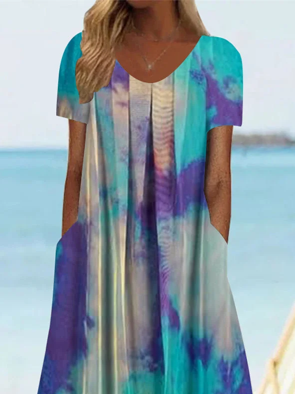 Women's Short Sleeve Scoop Neck Graphic Printed Midi Dress