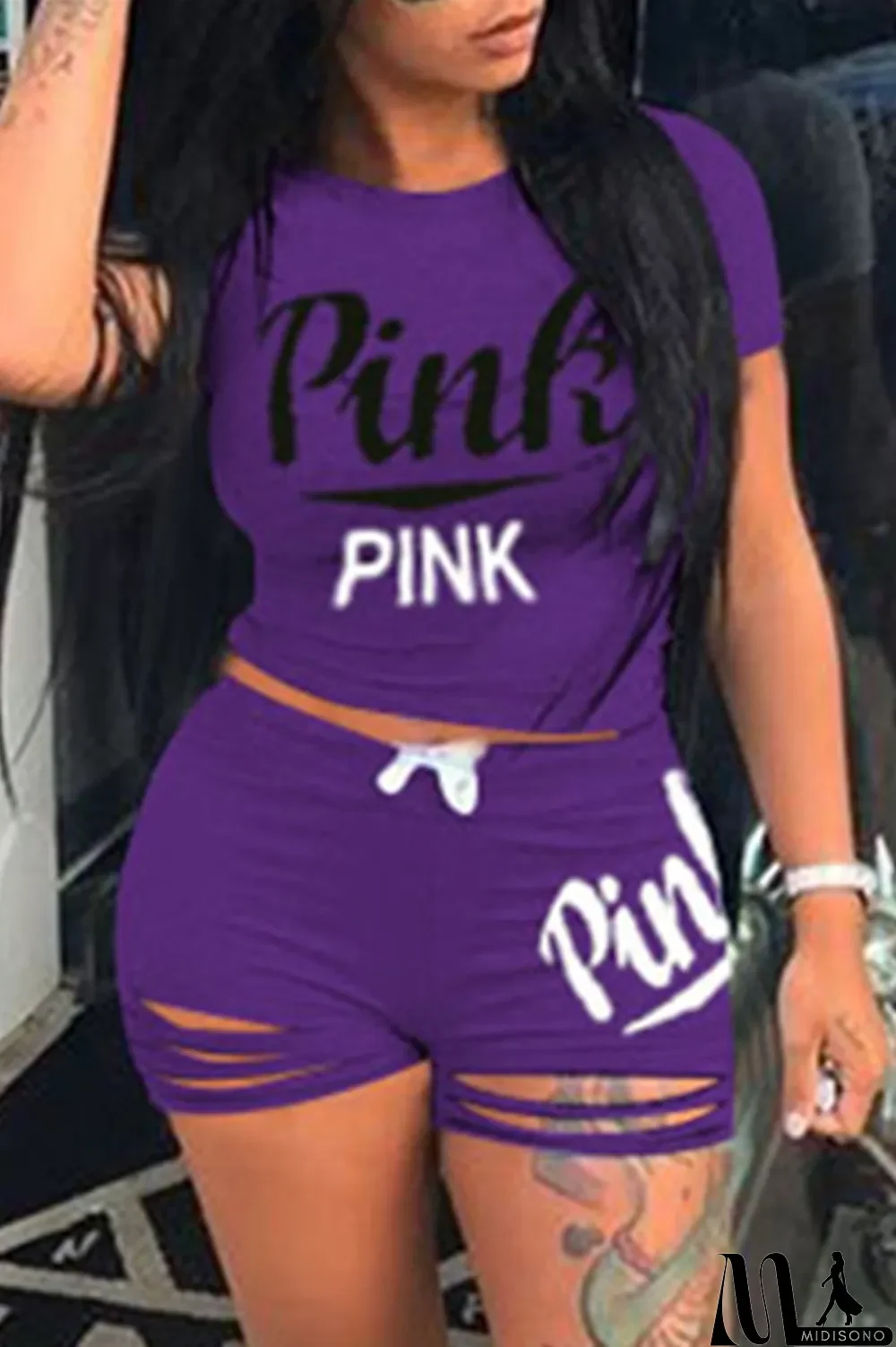 MidiSono - Pink Fashion Casual Letter Print Ripped O Neck Short Sleeve Two Pieces