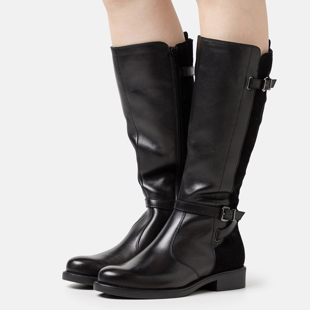 Black Vegan Leather & Faux Suede Buckle Strappy Knee-High Boots
