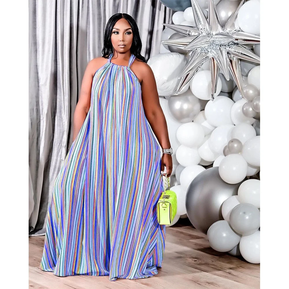 CM.YAYA Women Plus Size Dress O-neck Sleeveless Hater Long Loose Striped Dress Casual Sexy Beach Dress Autumn 2021