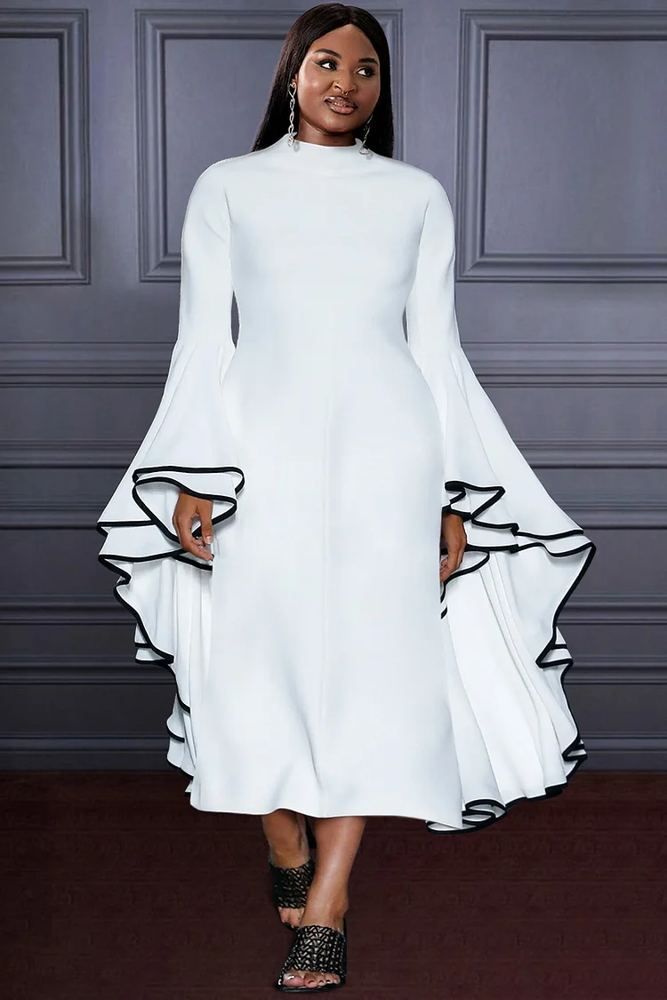 Xpluswear Design Plus Size Formal Dress White Long Sleeve Asymmetric Hem Knitted Maxi Dress 
