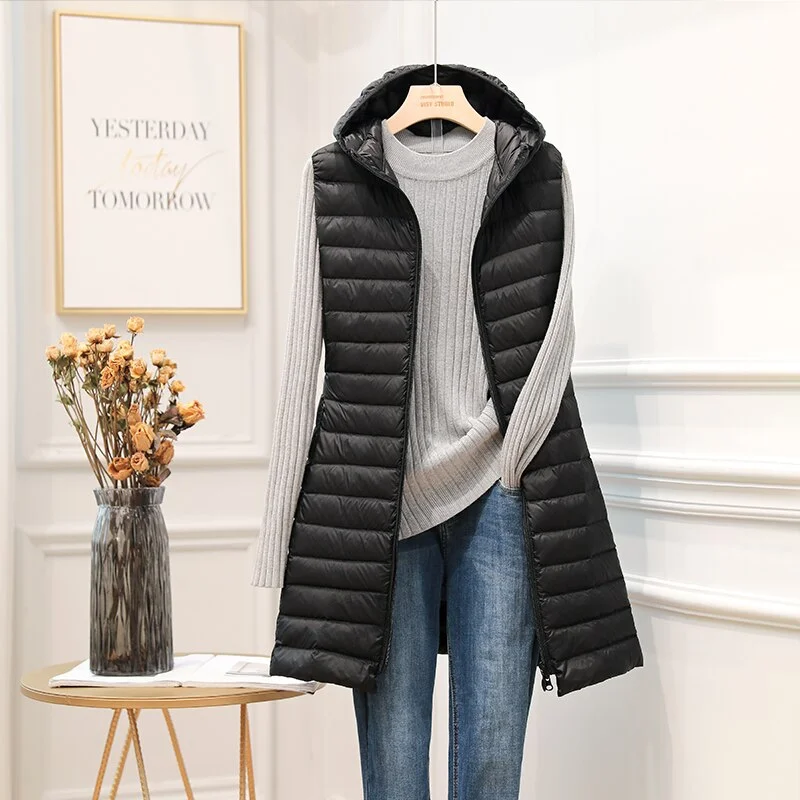 FTLZZ 2020 Winter New Women Ultra Light White Duck Down Jacket Zipper Medium Long Vest Casual Outerwear 4XL Plus Size Down Coat